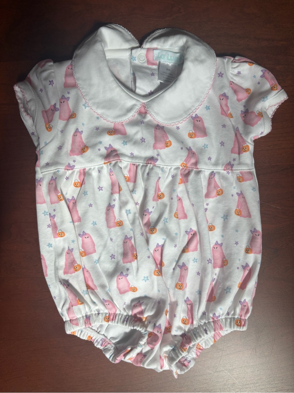 Baby Girls' White Romper with Pink Ghost Print PIMA COTTON